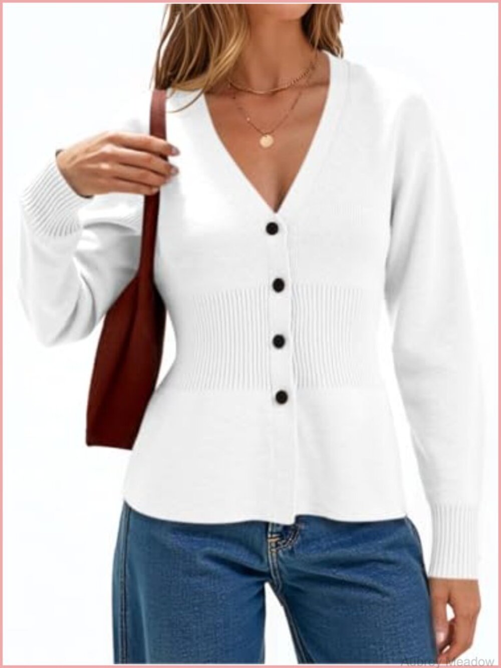 Womens V Neck Button Up Cardigan Sweater Cinched Waist Knit Long Sleeve